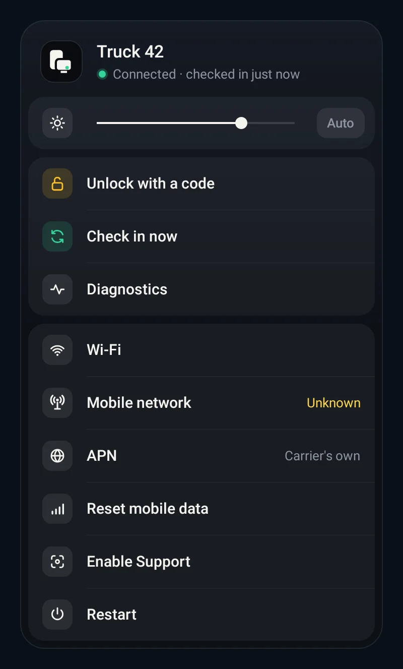 The DeviceDesk agent's on-device menu: Truck 42 connected, brightness, Unlock with a code, Check in now, Diagnostics, Wi-Fi, mobile network and restart.