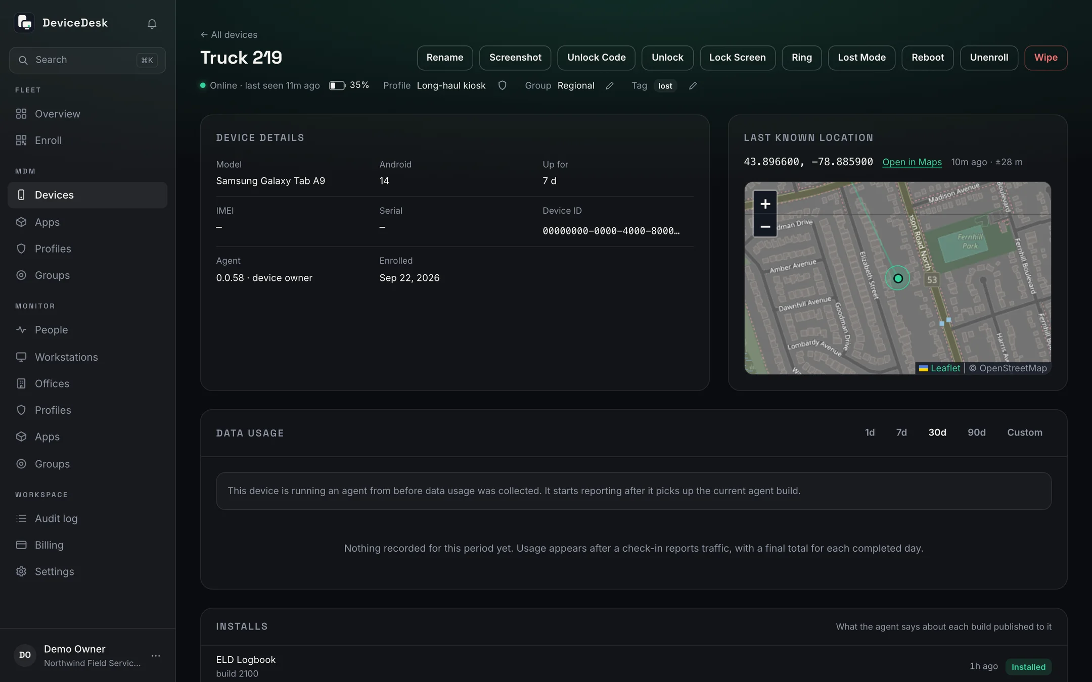 A device's page: model, Android version, agent, enrolment date, and its last known location drawn on a map with its accuracy.