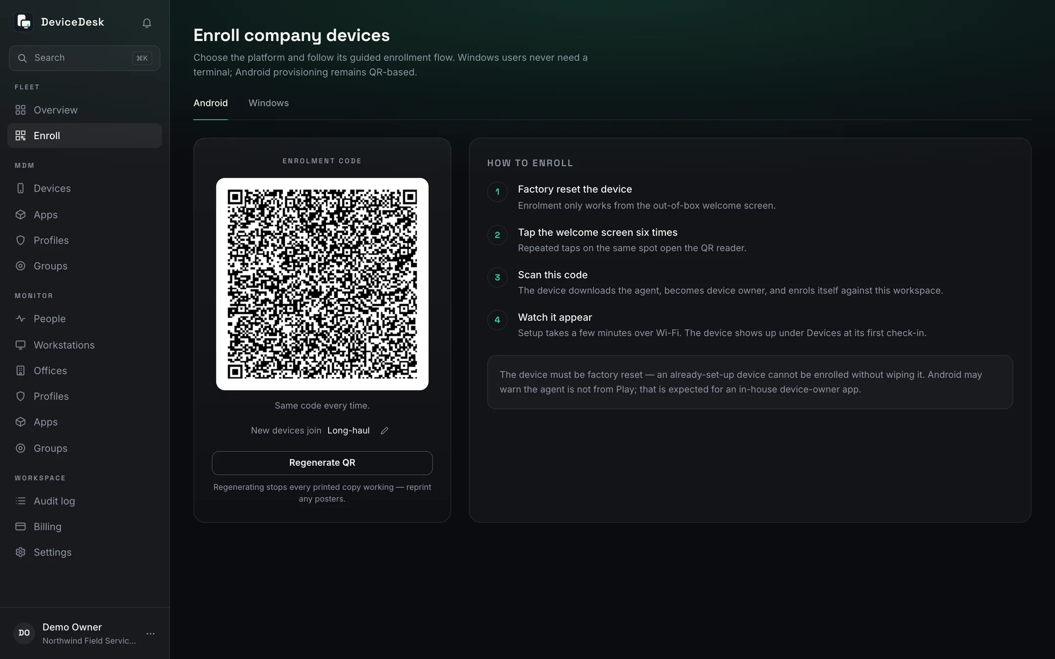 The Enroll page: a QR enrolment code that never expires, the group new devices join, and the four steps from factory reset to first check-in.