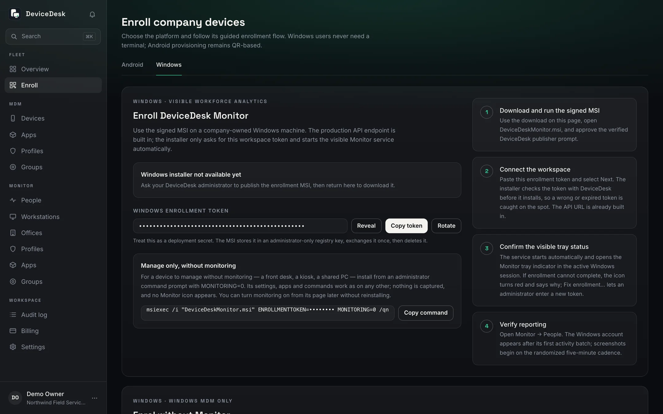 Enroll → Windows in the console: the enrolment token with Reveal, Copy and Rotate, the four steps from installer to first report, and the manage-only command line for a PC without monitoring.