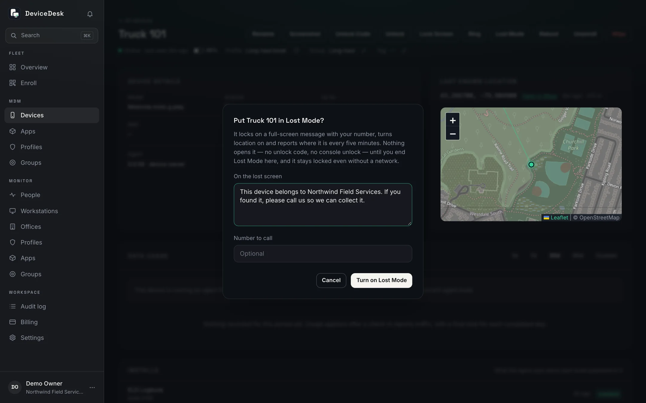 The Lost Mode dialog: the message shown on the lost screen, a number to call, and the explanation that nothing opens the device until the console ends Lost Mode.