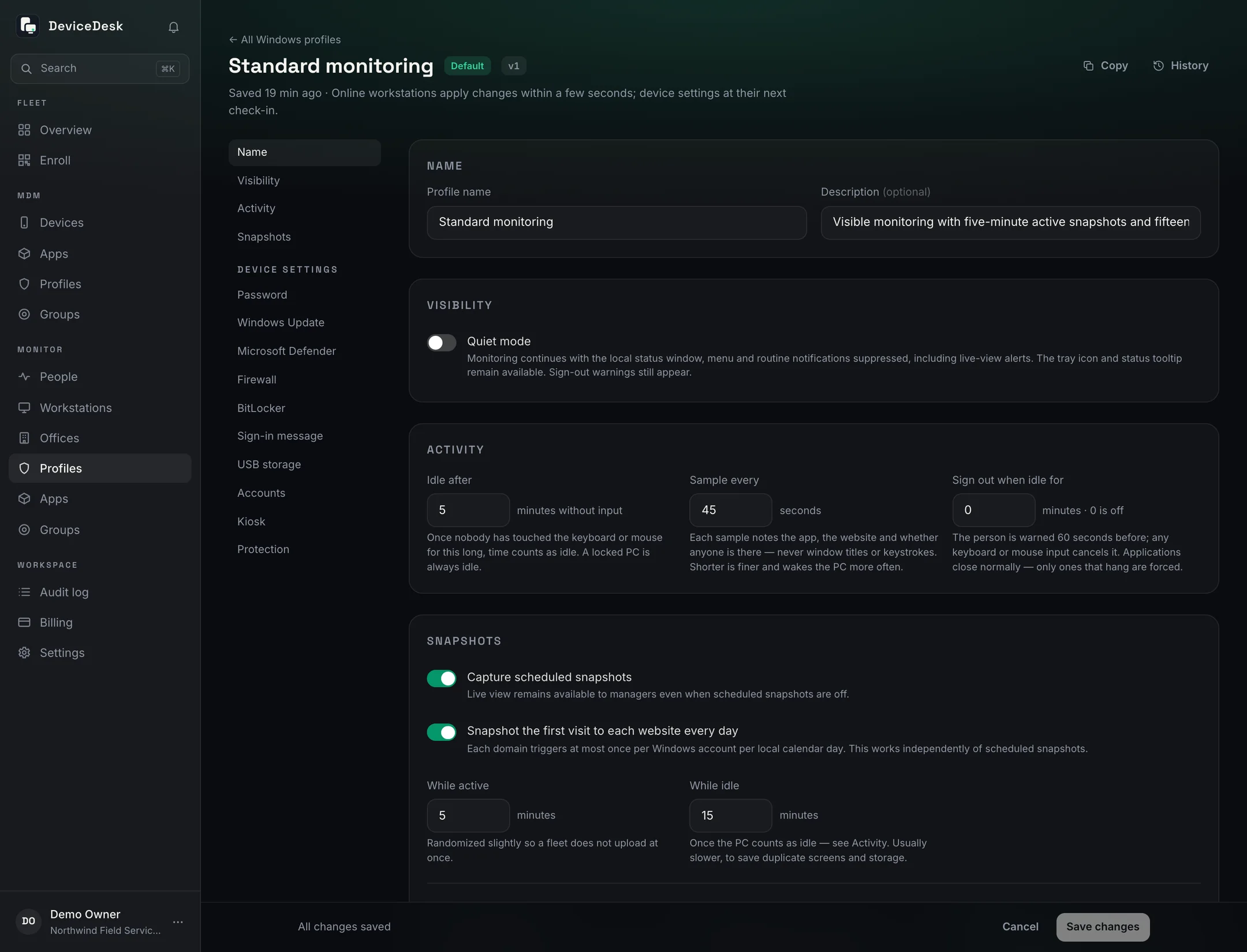 A Windows profile in the console with its device settings: Password, Windows Update, Microsoft Defender, Firewall, BitLocker, Sign-in message, USB storage, Accounts and Kiosk.